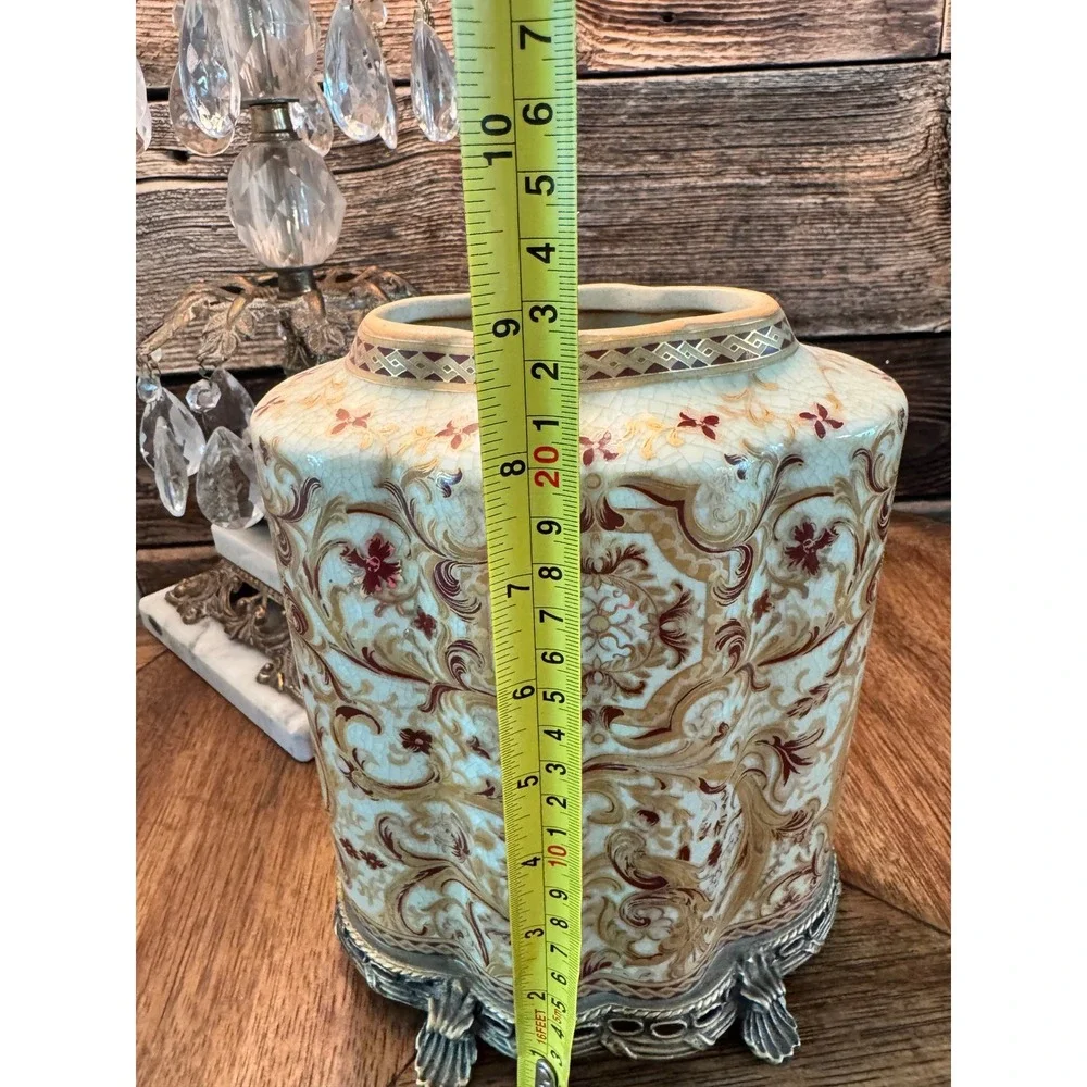 Amita Crackle Glaze Ceramic Jar with Ormolu Brass Base Floral Decorative Vase